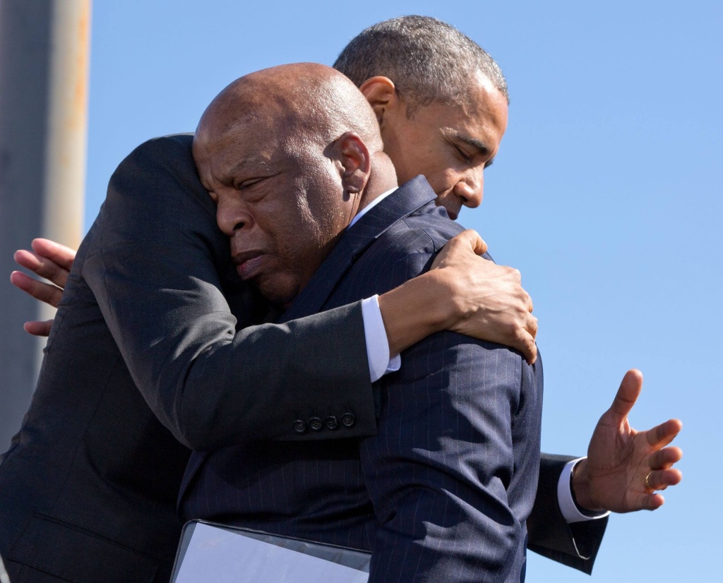 Photos by Darryl Jones  Forty-Fourth President of the United States Barack H. Obama hugs Congressman and civil rights icon John Lewis on the 50th anniversary of Bloody Sunday.