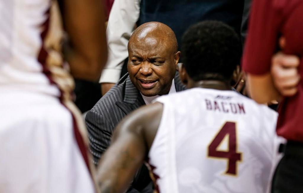 Coach Leonard Hamilton runs down a play to his players during a timeout Sunday against Nicholls State. photos by Don Juan Moore-@DJuanfotos