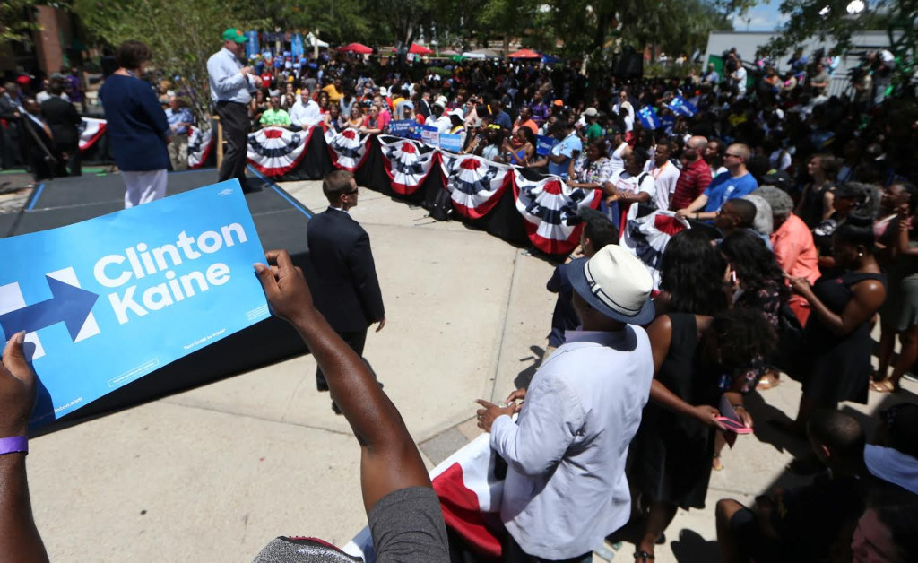 Tim Kaine told FAMU students he and Hillary Clinton will push for funding of HBCUs. Photo courtesy Tallahassee Democrat/ Joe Rondon 