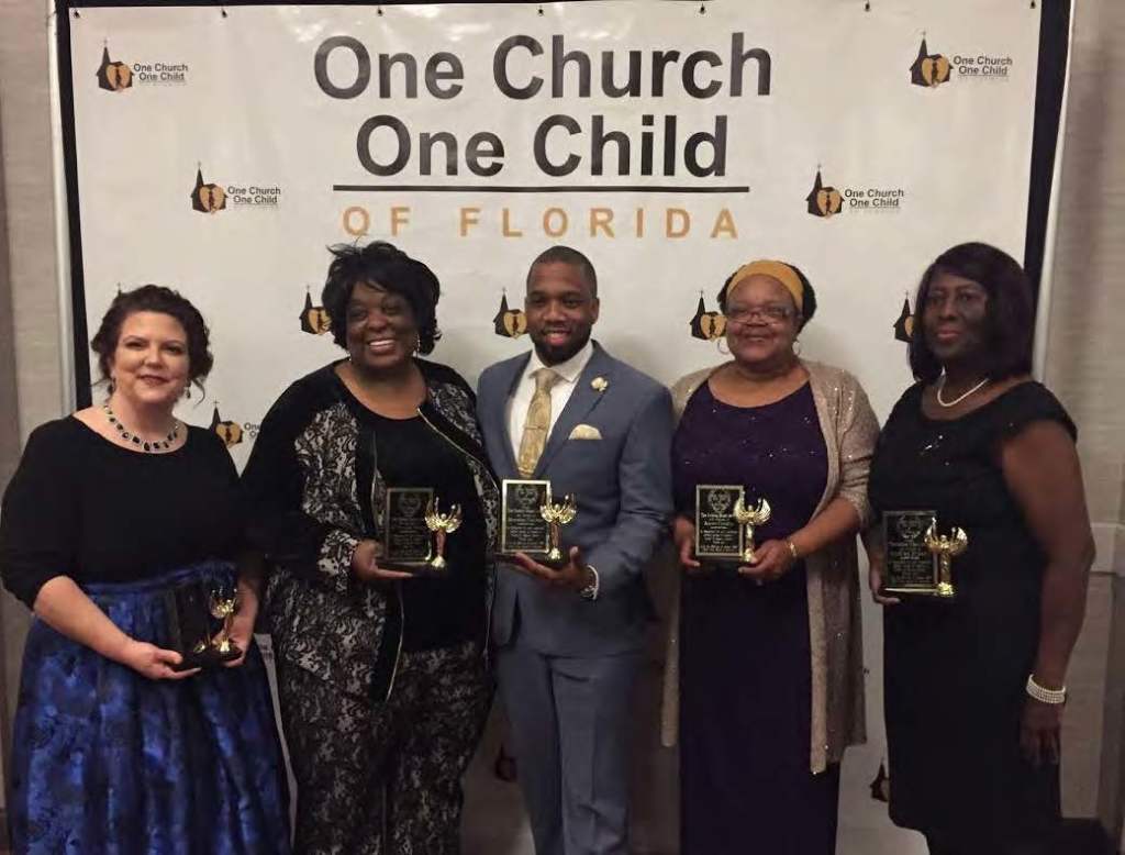 One Church One Child honored five adoptive parents with a gala this past Friday night. They are (from left to right) Heather Rosenberg, Dr. Vivian Wilson, Brandon Clayton, Karen Condry and Mildred Bryant Photo by Jacob Henderson 