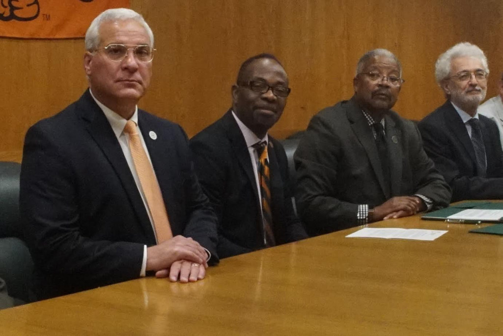 FAMU VP of Research Timothy E. Moore, Ph.D., SOE Dean Victor Ibeanusi, Ph.D., Interim Provost Rodner Wright, and István Kenyeres, President Biopolus Institute at the signing of the Memorandum of Understanding between FAMU and The Biopolus Institute.  Photos by Ernest Nalfrad