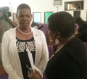 Former Tallahassee mayor Dorothy Inman-Johnson chats with Sen. Audrey Gibson following a press conference last week. 