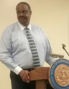 Congressman Al Lawson listened attentively to a question during his town hall meeting with his  constituents last week at Bethel Family Life Center. Photo by St. Clair Murraine 